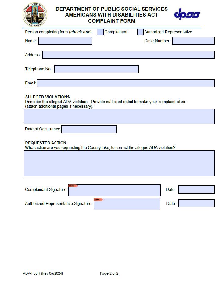 Page two of DPSS ADA Complaint Form. Available for download.