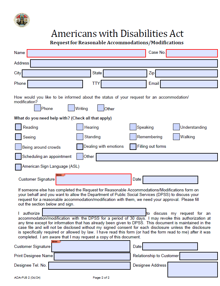 Page two of ADA Request for Reasonable Accommodations/Modifications Form. Available for download.