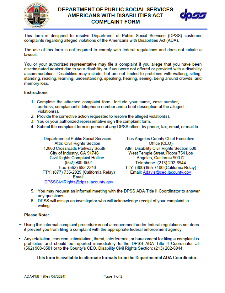 Page one of DPSS ADA Complaint Form. Available for download.