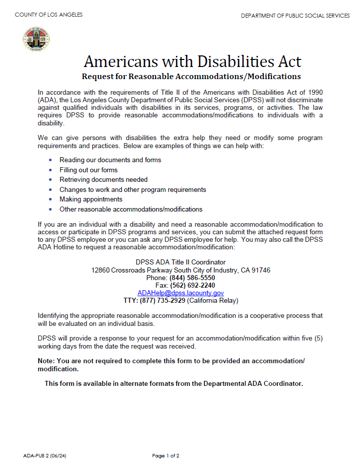 Page one of ADA Request for Reasonable Accommodations/Modifications Form. Available for download.