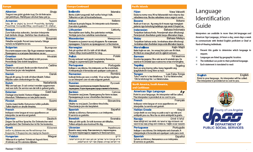 Page one of the Language Identification Guide.