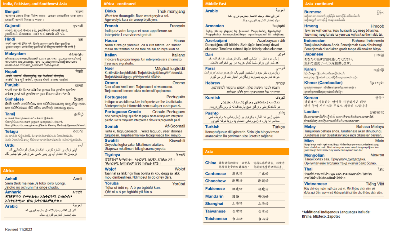 Page two of the Language Identification Guide