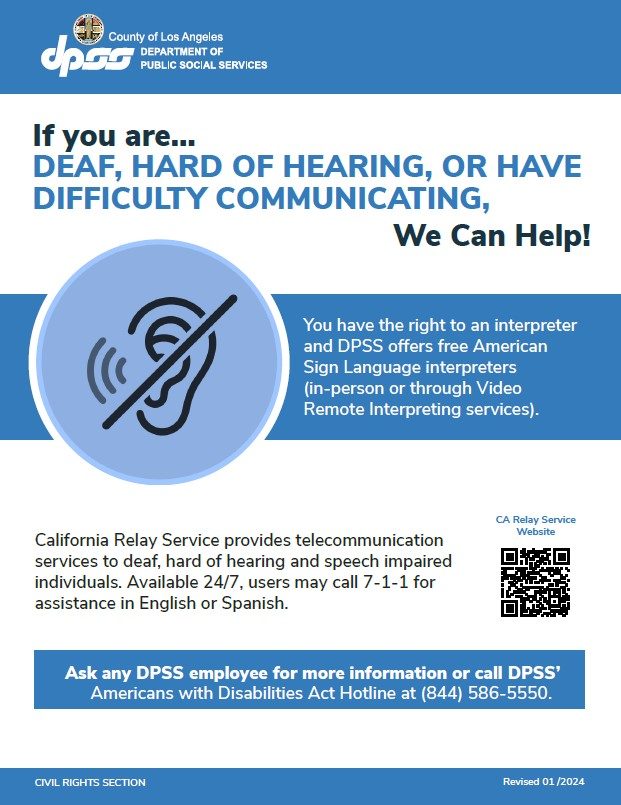 "If You Are Deaf, Hard of Hearing or Have Trouble Communicating, We Can Help!" poster in English.