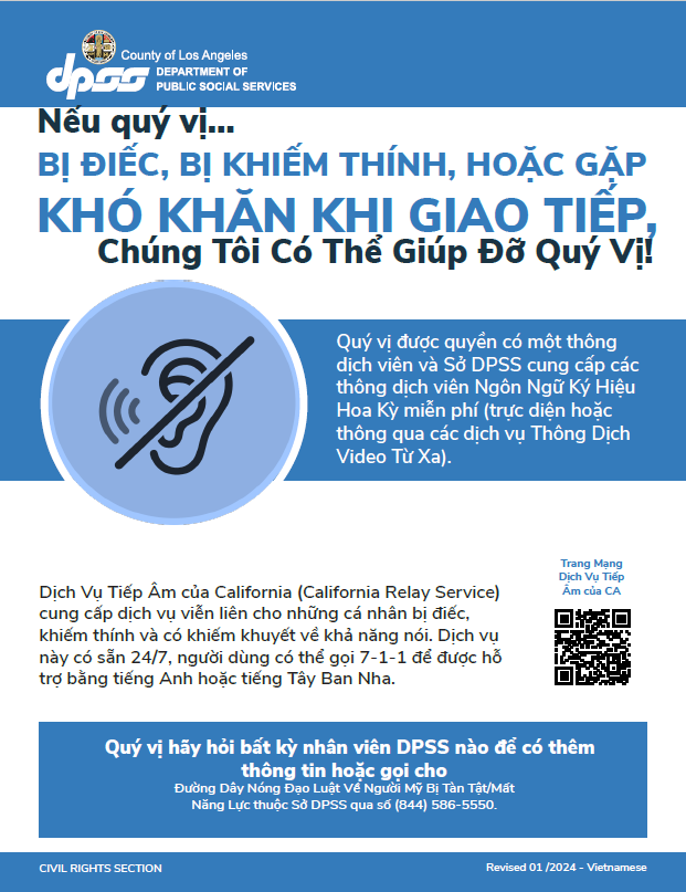 "If You Are Deaf, Hard of Hearing or Have Trouble Communicating, We Can Help!" poster in Vietnamese.