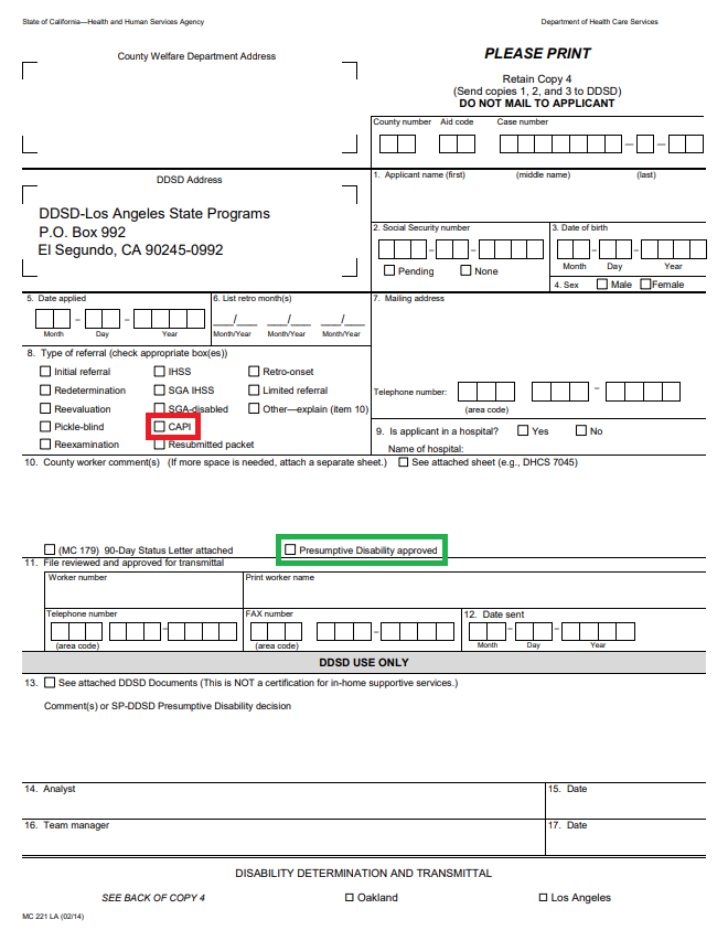 MC 221 LA form with sections marked for workers to fill out