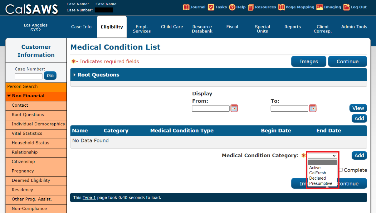 CalSAWS page indicating Medical Condition Category drop list