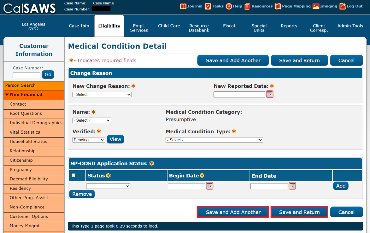 CalSAWS page for Medical Condition Detail indicating the "Save and Add Another" button and "Save and Return" button