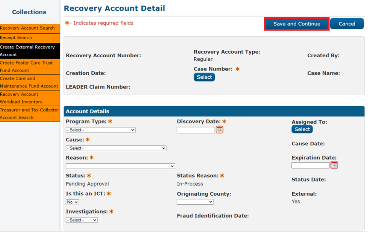 CalSAWS page for Recovery Account Detail with Save and Continue radio button highlighted