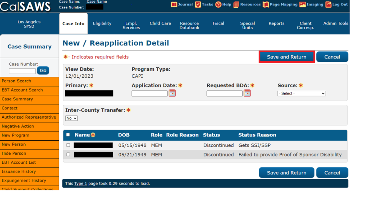 CalSAWS page for New - Reapplication Detail with Save and Return radio button highlighted