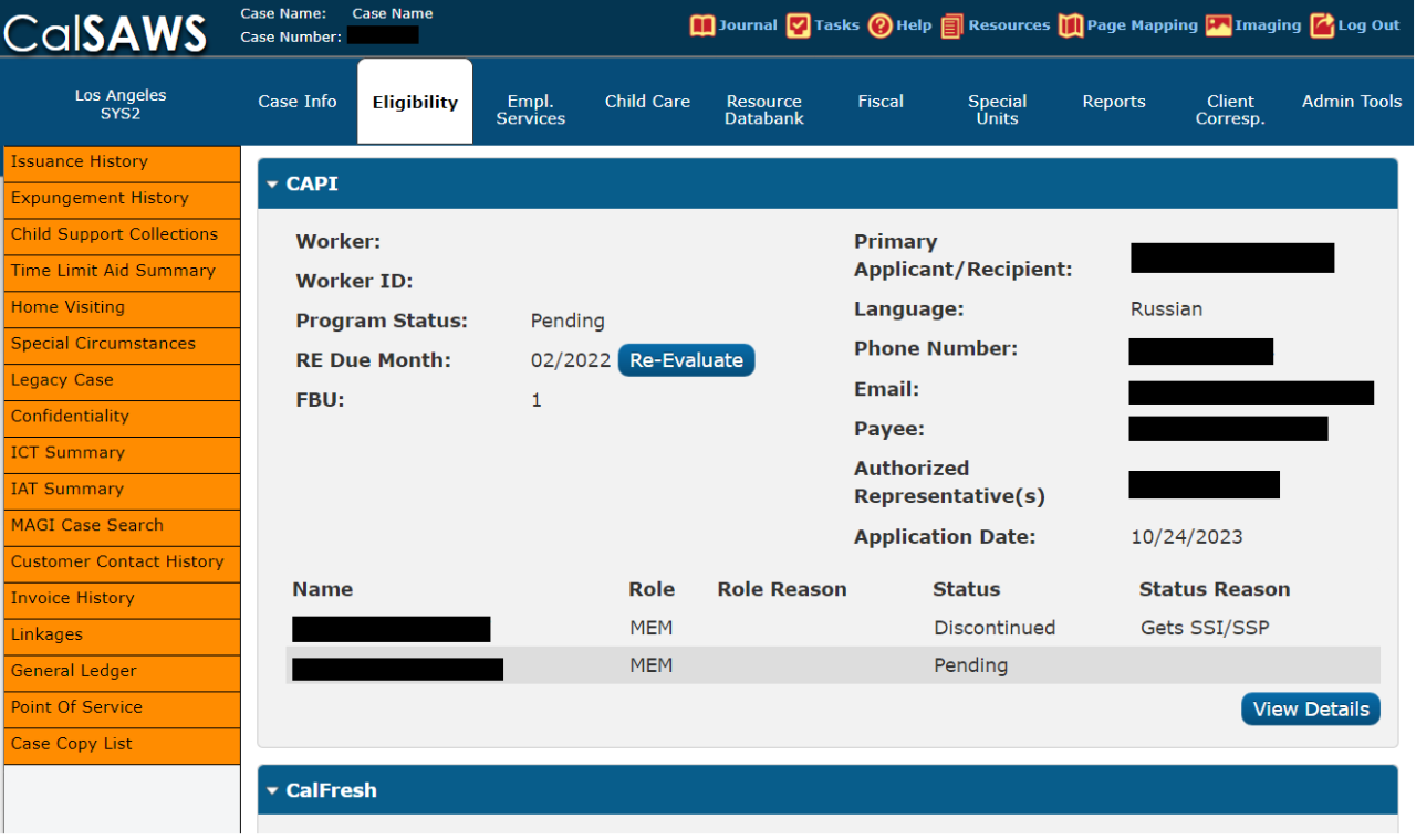 CalSAWS page showing pending status for CAPI