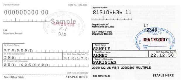 The image shows the front side of the I-94 or I-94A Arrival/Departure form.