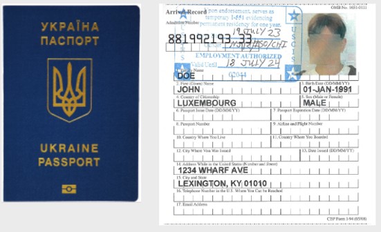 Image shows blue Ukrainian passport with a copy of arrival record on the right side with picture of the person on top right and other identification information is showing in the document such as doe, first and last name, address, date of birth and gender.