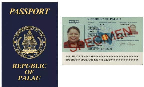 The image shows a blue front cover of Republic of Palau passport on the left side and the right side showing the first page of inside of the passport along with picture of the person who owns the passport along with their indentification information.