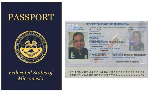 The image shows a blue front cover of Federated States of Micronesia passport on the left side and the right side showing the first page of inside of the passport along with picture of the person who owns the passport along with their indentification information.
