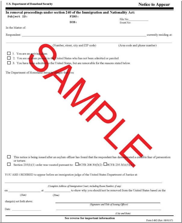 Image shows sample copy of letter from United States Department of Homeland Security Notice to appear. 
