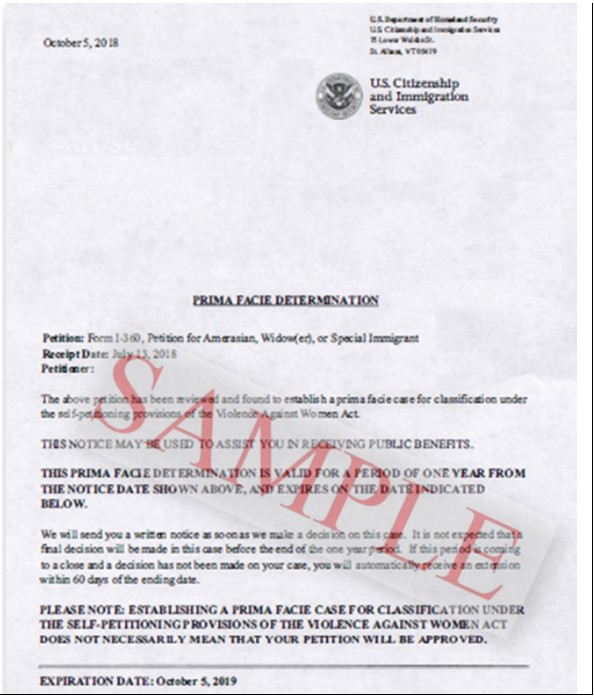Image shows sample copy of letter from United States Department of Homeland Security Prima Facie Determination Letter.
