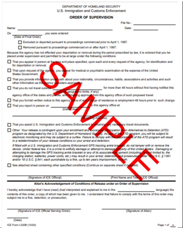 Image shows sample copy of letter from United States Department of Homeland Security Order of Supervision.