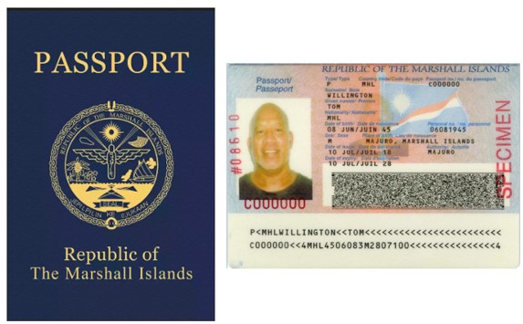The image shows a blue front cover of Republic of the Marshall Islands passport on the left side and the right side showing the first page of inside of the passport along with picture of the person who owns the passport with their indentification information.