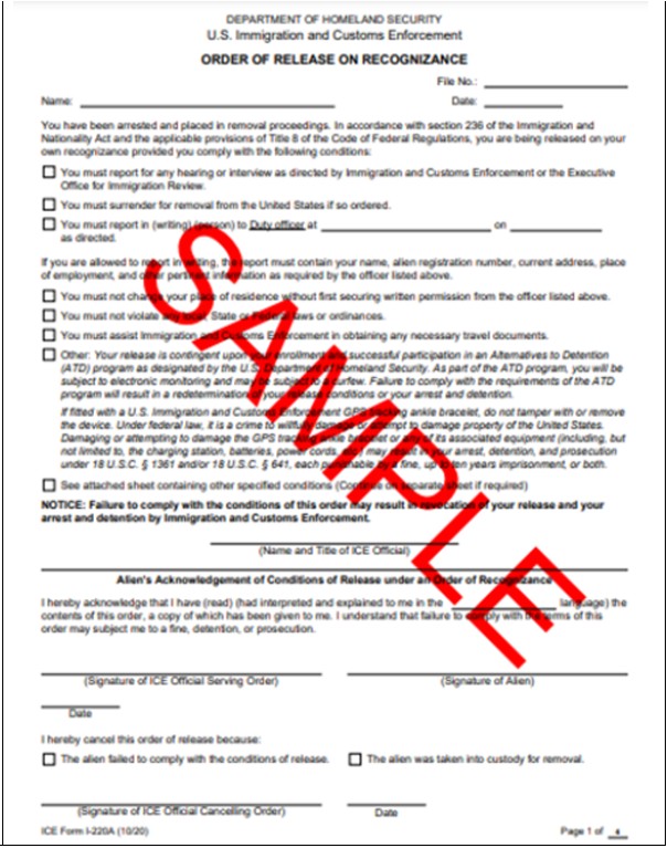 Image shows sample copy of letter from United States Department of Homeland Security Order of Release on Recognizance.